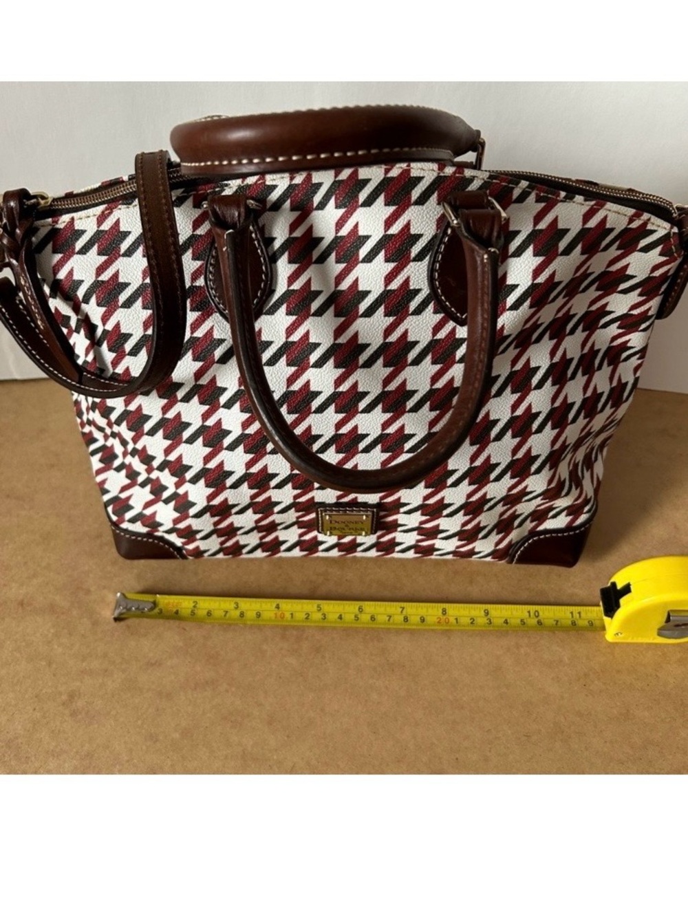 Dooney &Bourke Red & White Houndstooth Brown Trim crossbody/ shoulder sachel bag